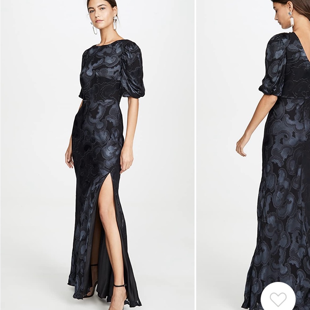 Saloni black floral Annie B long gown with 3/4 puff sleeves and slit